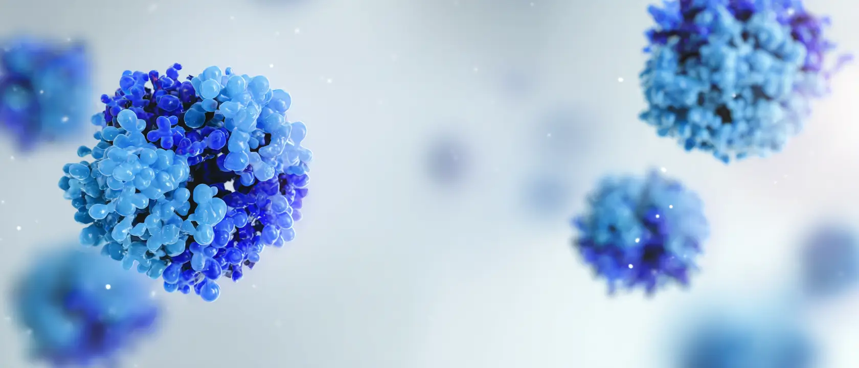 Blue cellular particles illustration for biotechnology and medical research.